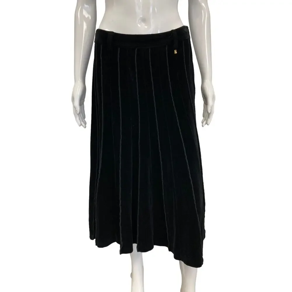 SONIA RYKIEL Black Velour Pleated A-Line Midi Skirt Size M - Picture 1 of 5